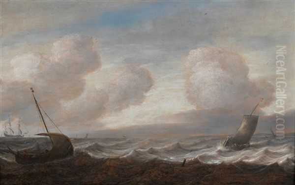 Ships And Fishing Boats On A Turbulent Sea Oil Painting by Pieter Mulier the Elder