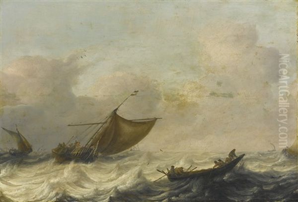 Fishing And Rowing Boats Among Choppy Waters Oil Painting by Pieter Mulier the Elder