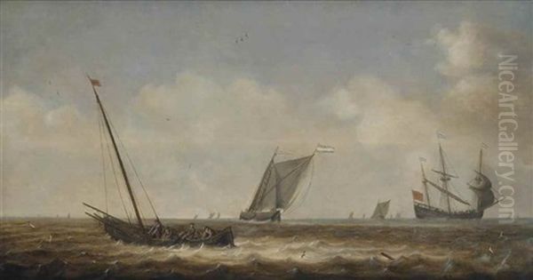 A Seascape With Various Sailing Boats And Fishermen Drawing In Their Nets Oil Painting by Pieter Mulier the Elder