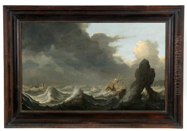 Two Sailing Ships On A Stormy Sea Near A Rock Oil Painting by Pieter Mulier the Elder