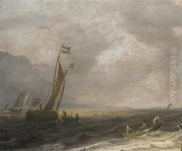 A Kaag On A Choppy Sea, A Rowing Boat In The Foreground Oil Painting by Pieter Mulier the Elder