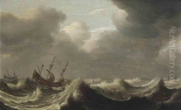 Ships In A Stormy Sea Oil Painting by Pieter Mulier the Elder