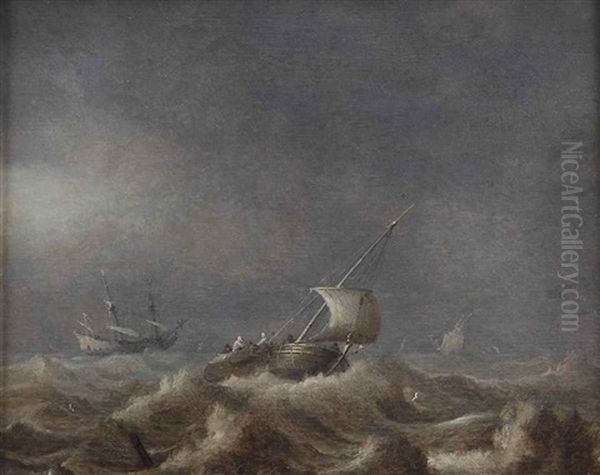 Fishing Vessels In Stormy Seas Oil Painting by Pieter Mulier the Elder