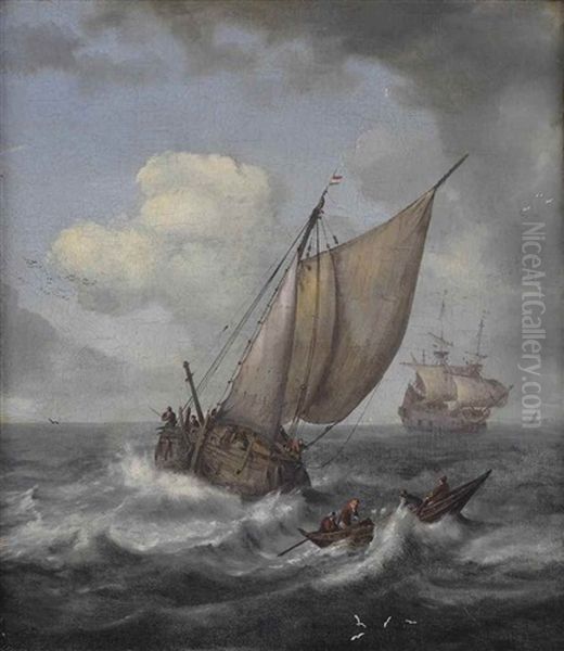 A Fishing Boat, A Rowing Boat And A Dutch Three-master In Choppy Waters Oil Painting by Pieter Mulier the Elder