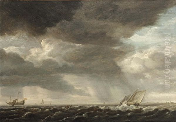 A Two-master And Smaller Sailing Vessels In Rough Waters Oil Painting by Pieter Mulier the Elder