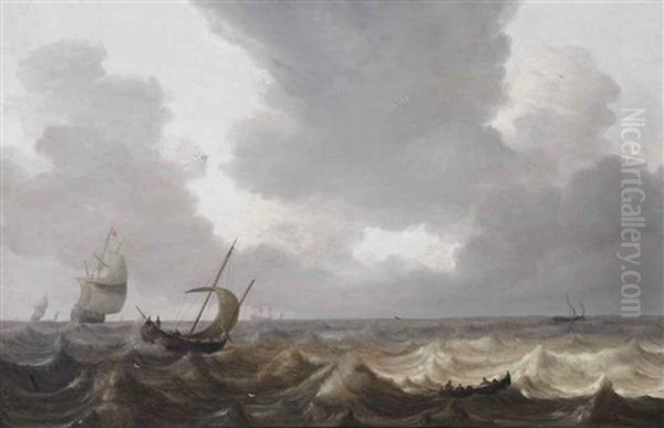 A Fishing Boat And A Rowing Boat On Choppy Water, A Three-master In The Distance Oil Painting by Pieter Mulier the Elder