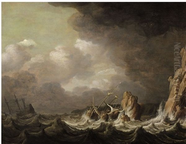 Ships On Rough Seas Oil Painting by Pieter Mulier the Elder