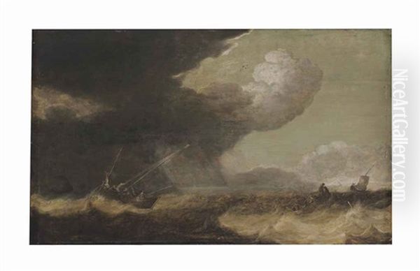 Fishing Smacks And A Rowing Boat In Choppy Waters by Pieter Mulier the Elder