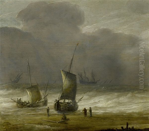 Fishermen On A Shore With Shipping In A Choppy Sea Oil Painting by Pieter Mulier the Elder