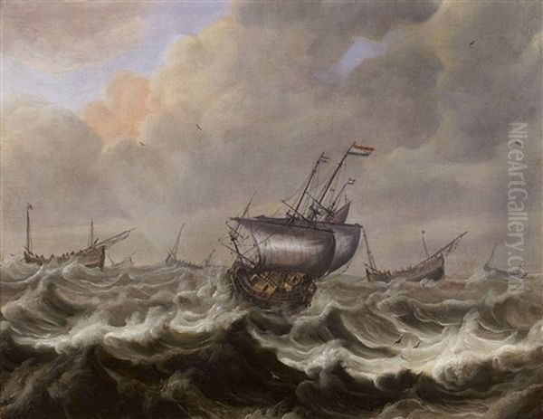 Ships In A Stormy Sea Oil Painting by Pieter Mulier the Elder