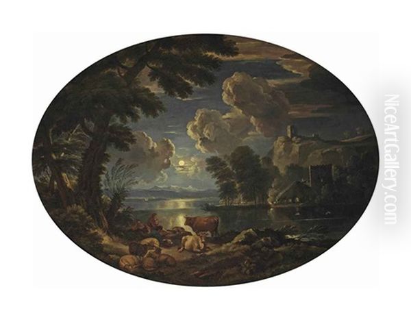 A Moonlit River Landscape With Shepherds By A The River Bank Oil Painting by Pieter Mulier the Elder