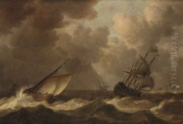 An English Man-of-war Before The Wind And A Close Hauled Hoeker, As A Storm Approaches Oil Painting by Pieter Mulier the Elder