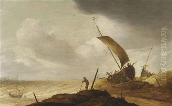 Fishermen Prepairing Their Vessels In The Dunes, A Man In The Foreground Overlooking The Sea Oil Painting by Pieter Mulier the Elder