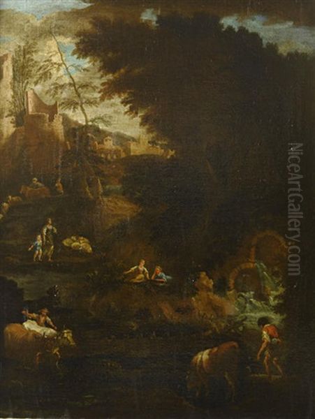 A Pastoral Landscape With Shepherds And A Cowherd Beside A Waterfall... (+ A Pastoral Landscape With A Shepherdess Resting With Her Livestock...; Pair) by Pieter Mulier the Elder