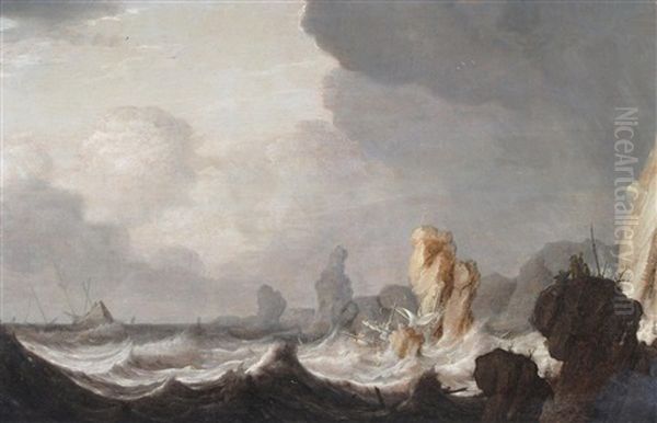 A Ship Foundering On Rocks In A Storm With Figures Praying On A Rocky Outcrop Oil Painting by Pieter Mulier the Elder