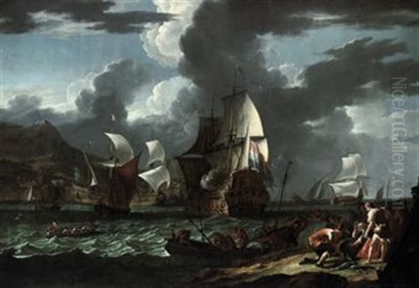 A Capriccio: The Flagship Saluting Her Arrival At A Mediterranean Port Amidst Other Shipping Oil Painting by Pieter Mulier the Elder