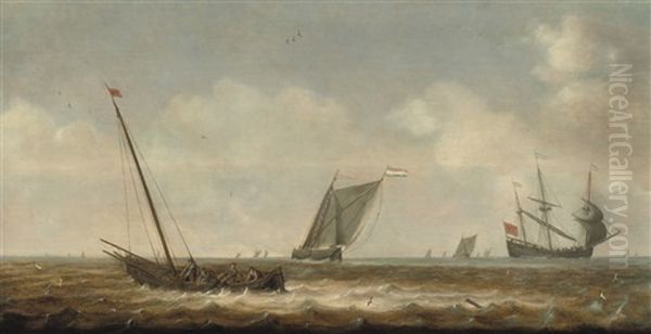 Fishermen In A Smalschip Drawing In Their Nets Oil Painting by Pieter Mulier the Elder