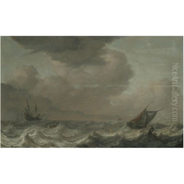 A Dutch Merchant Vessel And Other Shipping In Choppy Waters Oil Painting by Pieter Mulier the Elder