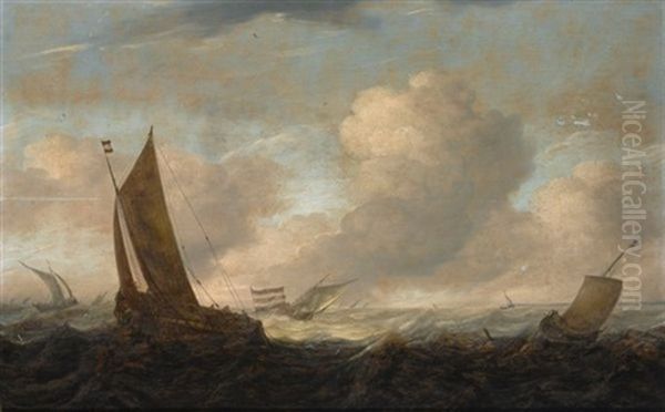 A Smalship And Various Other Shipping On A Rough Sea Oil Painting by Pieter Mulier the Elder