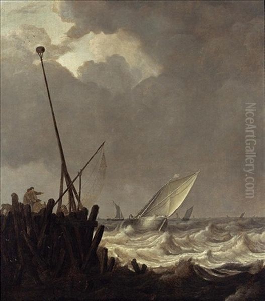 Ships In Stormy Seas With Fishermen Standing At A Jetty Oil Painting by Pieter Mulier the Elder