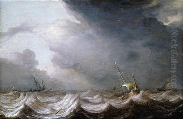 Dutch Fishing Pinks And Other Small Vessels At Sea In Stormy Weather Oil Painting by Pieter Mulier the Elder