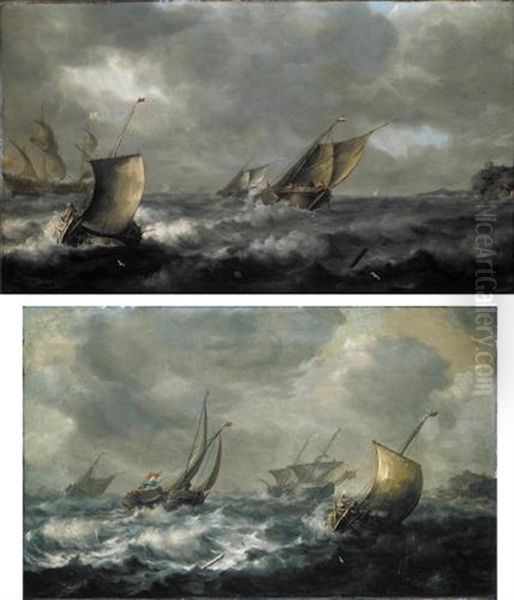 Two Dutch Smalships And A Pink With An English Frigate Beyond (+ Two Wijdships And A Pink With An English Two-master Beyond; 2 Works) Oil Painting by Pieter Mulier the Elder