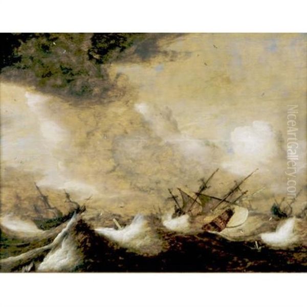 Ships In A Stormy Sea Oil Painting by Pieter Mulier the Elder