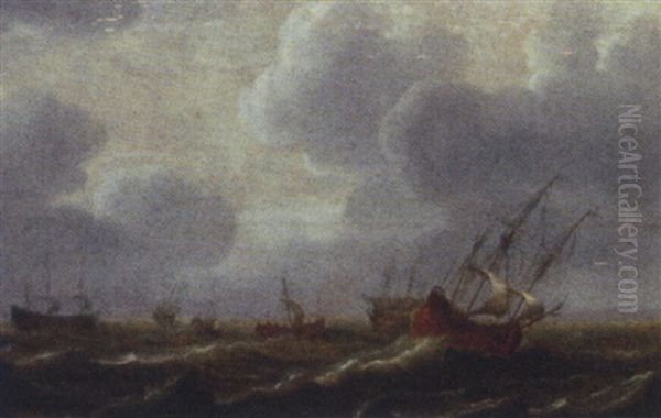 Dutch Warships Hove-to With Small Craft Running Between Them Oil Painting by Pieter Mulier the Elder