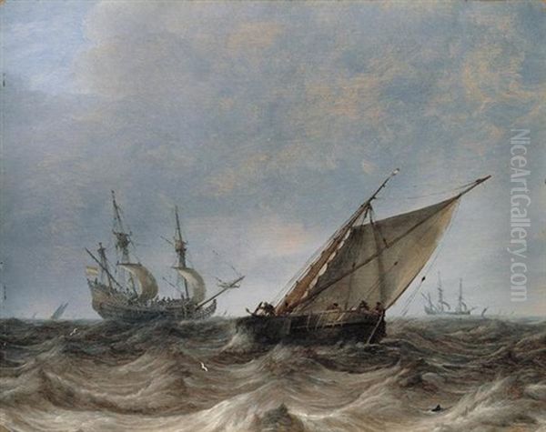 A Smalschip And A Man-of-war In Choppy Seas, Other Sailing Vessels Beyond Oil Painting by Pieter Mulier the Elder