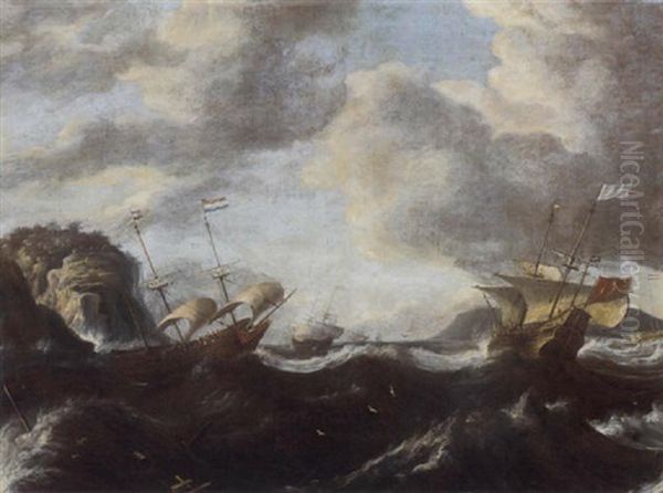 Dutch Men-o'-war And Other Shipping In A Stormy Sea Oil Painting by Pieter Mulier the Elder