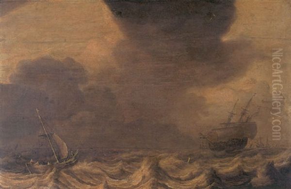 Ships Tossed In A Stormy Sea Oil Painting by Pieter Mulier the Elder