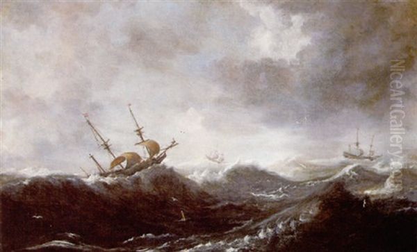 A Seascape With Vessels On A Stormy Sea Oil Painting by Pieter Mulier the Elder