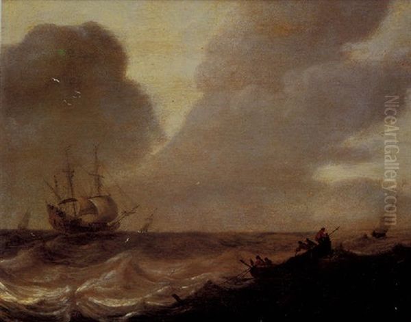 Sailors In A Rowing Boat In Choppy Waters, A Dutch Man-o'-war Beyond Oil Painting by Pieter Mulier the Elder