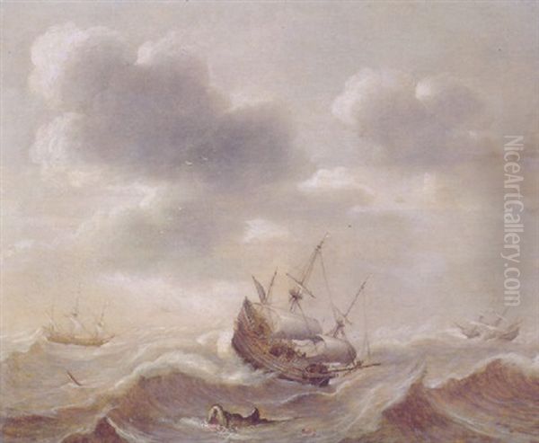 A Threemaster Offshore In A Gale With Jonah And The Whale, Other Shipping Beyond Oil Painting by Pieter Mulier the Elder