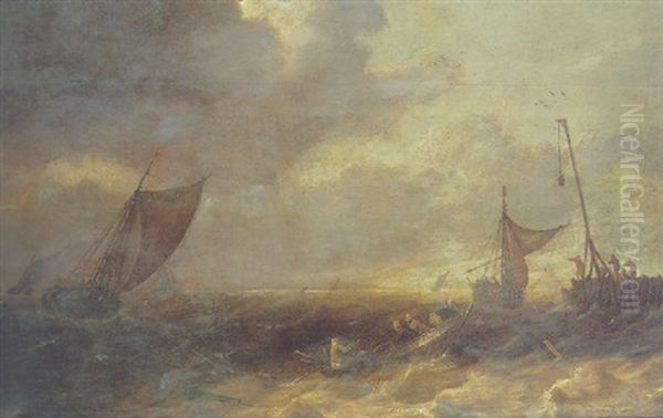 A Smalschip, A Fishing Boat With Figures Rowing Towards A Pier, And Other Vessel On Choppy Seas Oil Painting by Pieter Mulier the Elder