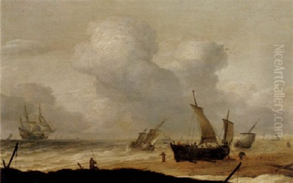 A Coastal Scene With A Fishing Pinks Beached And Close Inshore And A Man O' War Offshore Oil Painting by Pieter Mulier the Elder