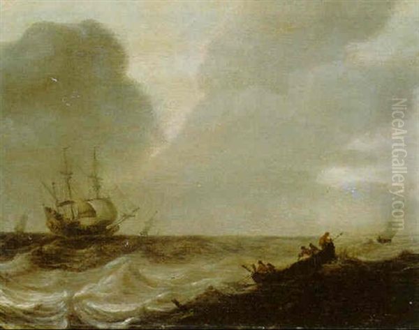 A Rowing Boat In Choppy Waters, A Warship Beyond by Pieter Mulier the Elder