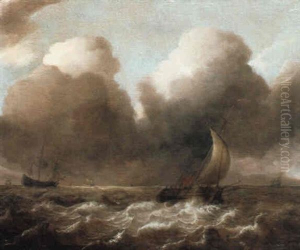 A Smalschip At Full Sail In A Stiff Breeze With Other Shipping Beyond Oil Painting by Pieter Mulier the Elder