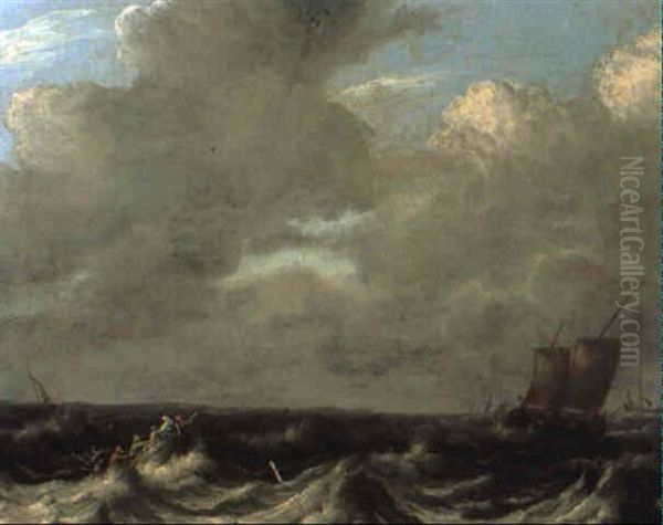 Rowing Boat And Other Sailing Vessels In Choppy Seas Oil Painting by Pieter Mulier the Elder