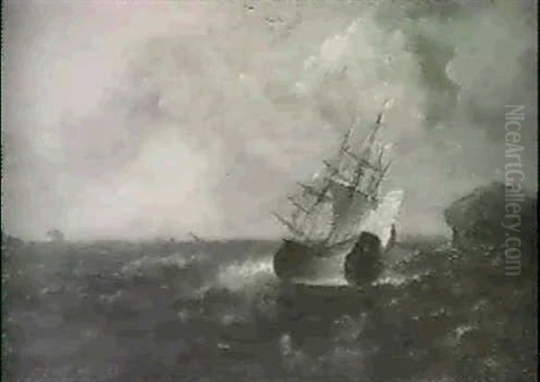 A Boat Sailing In A Rough Sea Oil Painting by Pieter Mulier the Elder