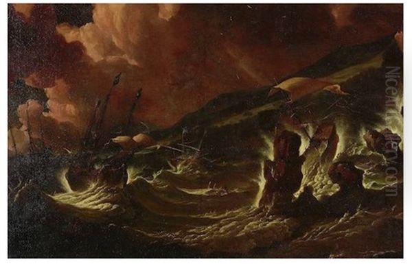 Shipping In Stormy Seas Oil Painting by Pieter Mulier the Younger