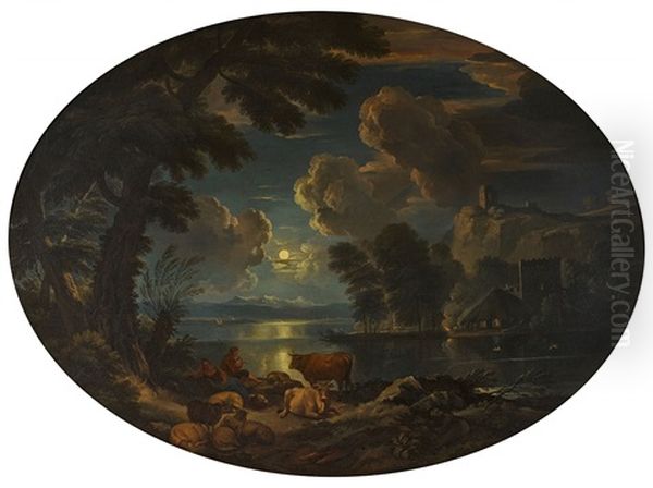 Moonlit River Landscape With A Shepherd And His Flock Oil Painting by Pieter Mulier the Younger