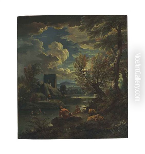 A Wooded River Landscape With A Fisherman And A Shepherdess Oil Painting by Pieter Mulier the Younger