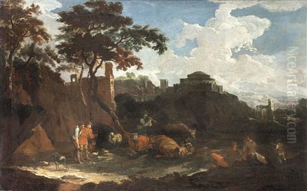 Heroische Landschaft Mit Castell Und Ruinen Sowie Mit Hirten Und Herde Oil Painting by Pieter Mulier the Younger