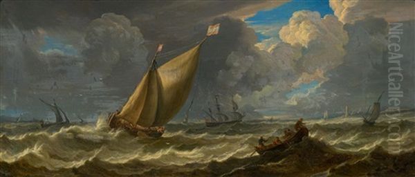 Ships On A Stormy Sea Oil Painting by Pieter Mulier the Younger