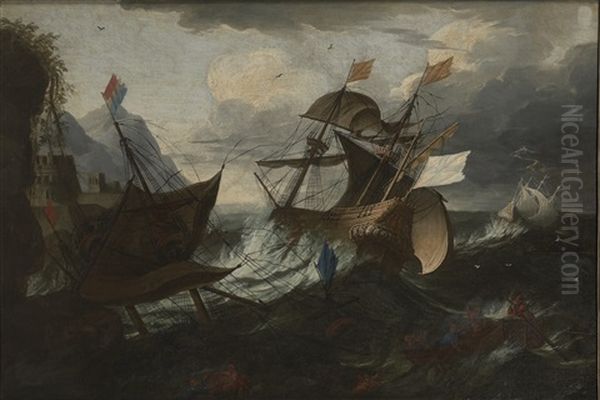 Dutch And Spanish Ships In Distress In A Heavy Gale Near A Rocky Coast, A Rowing Boat With Crew In The Foreground Oil Painting by Pieter Mulier the Younger