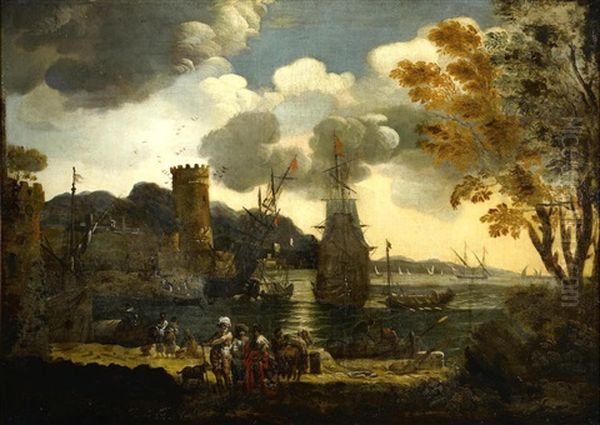 A Capriccio Coastal Scene With A Group Of Figures On Shore In The Foreground Oil Painting by Pieter Mulier the Younger