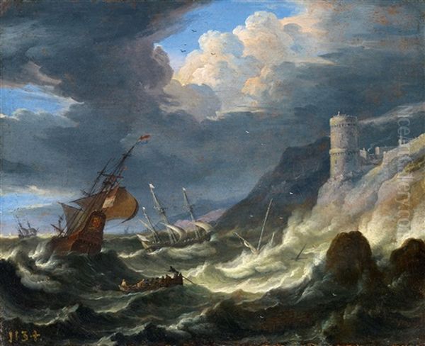 Ships In A Storm Oil Painting by Pieter Mulier the Younger