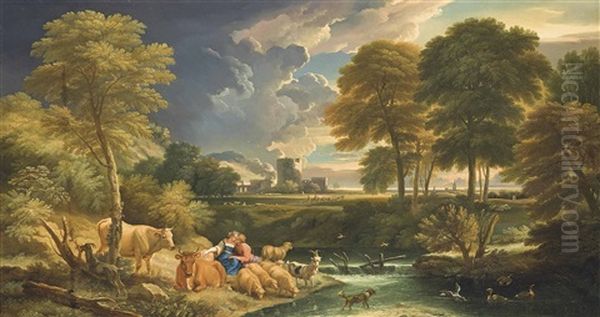 An Extensive Wooded River Landscape With A Drover And A Shepherdess At Rest With Their Herd On A Shore Oil Painting by Pieter Mulier the Younger