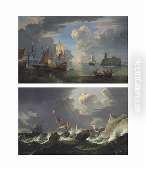 A Calm Harbour Scene With Ships Anchored Near A Fortified Rocky Outcrop (+ Shipping In Stormy Waters; Pair) Oil Painting by Pieter Mulier the Younger